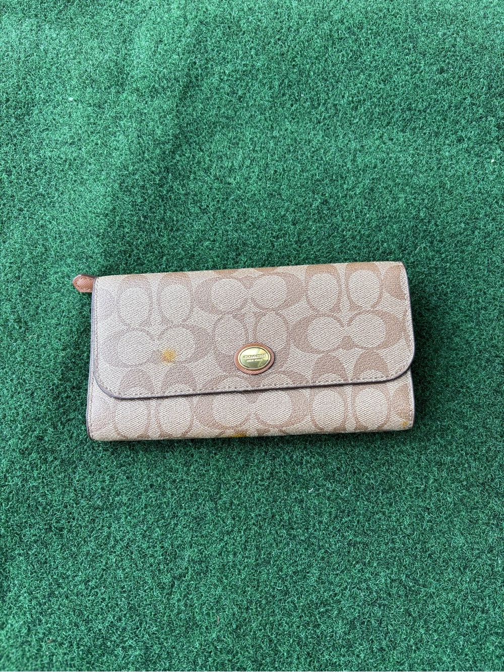 Coach Beige/Tan Signature Continental Wallet with Logo Medallion
